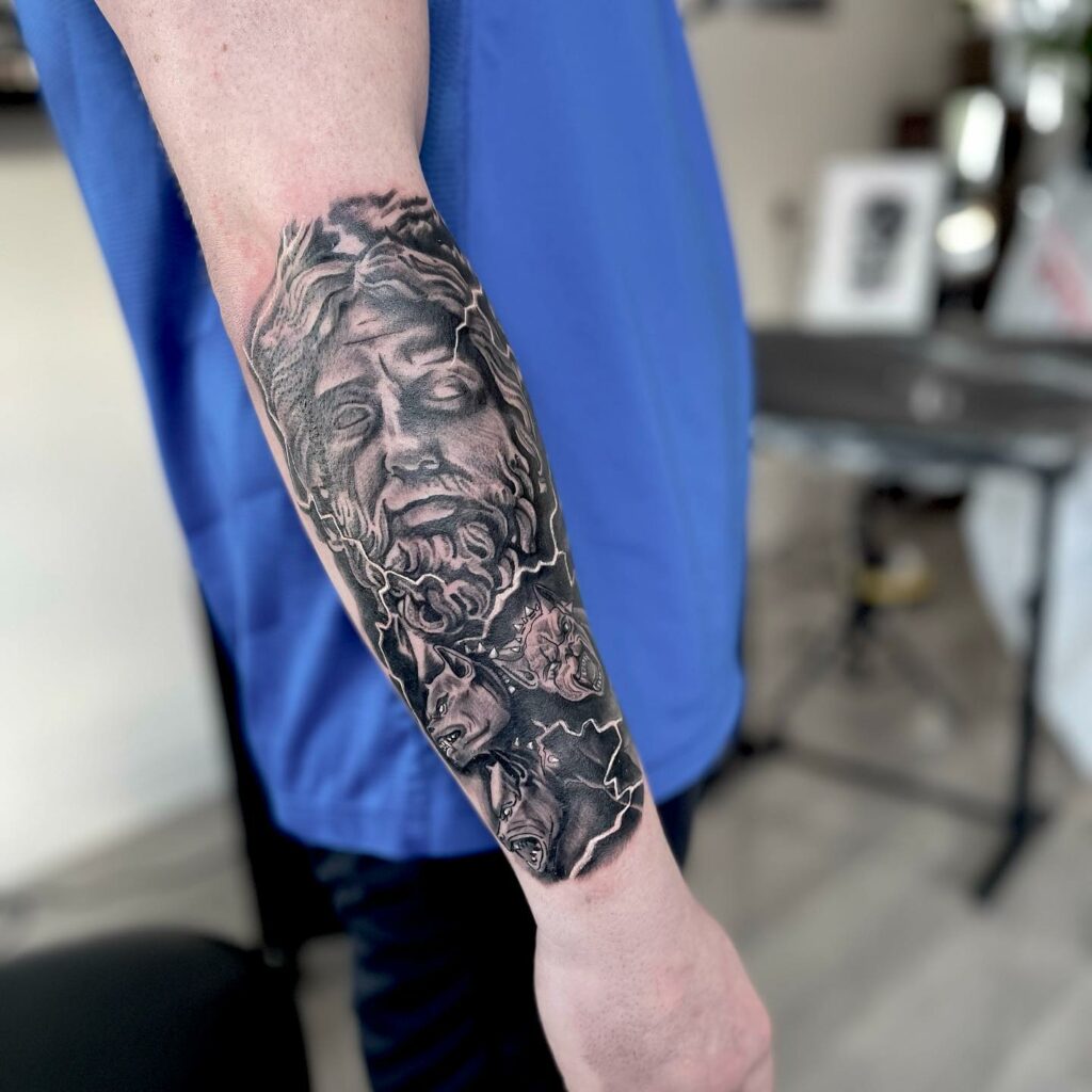 Beard Men Forearm Black And White Tattoo