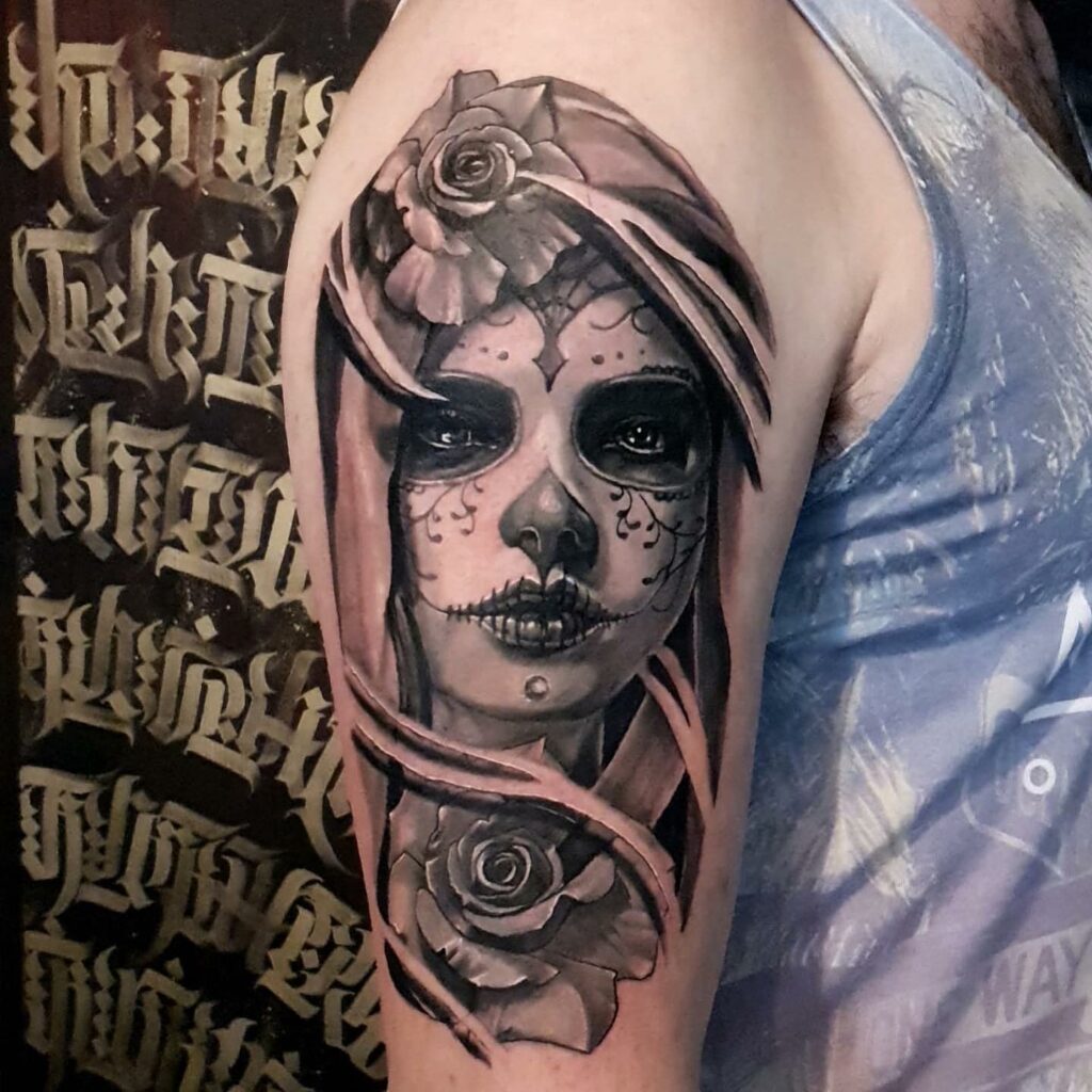 Day Of The Dead Women Arm Black And Grey Tattoo