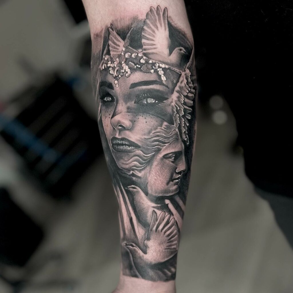 Double Faced Queen With Birds Forearm Black And Grey Tattoo