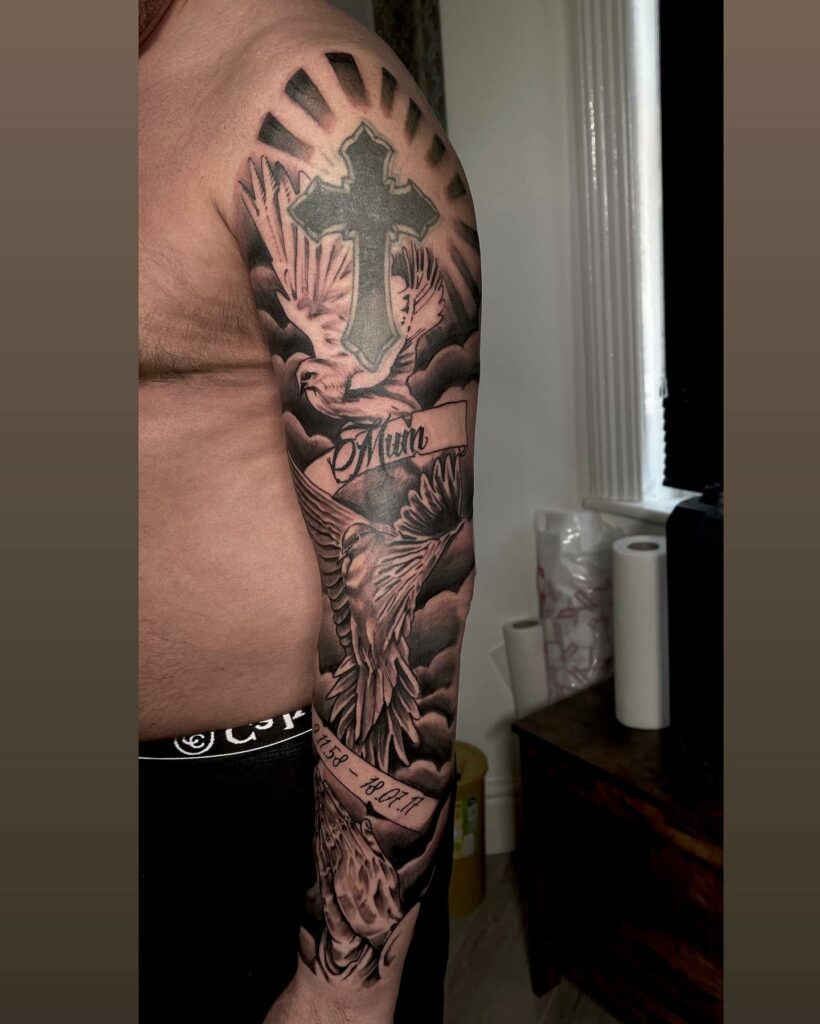 Eagle, Cross Symbol Hand Black And White Tattoo