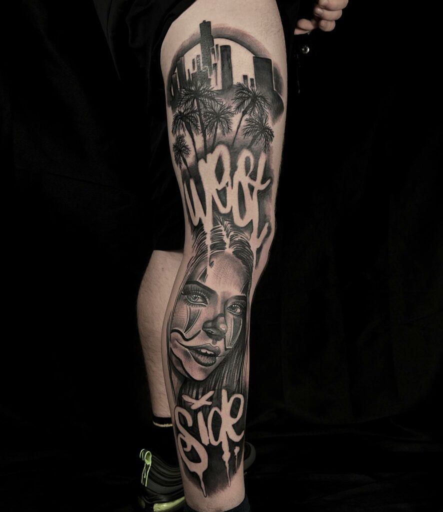 Forest Girl Leg Black And White Tattoo