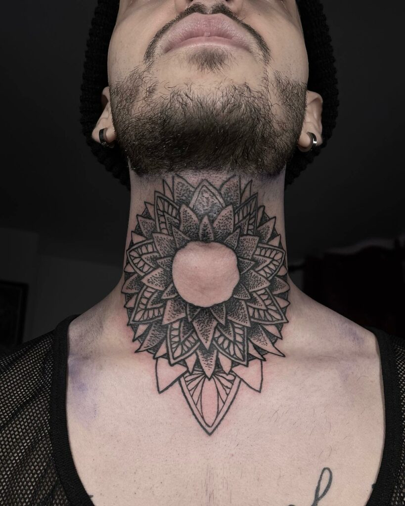 Mandala Neck Black And White Tattoo