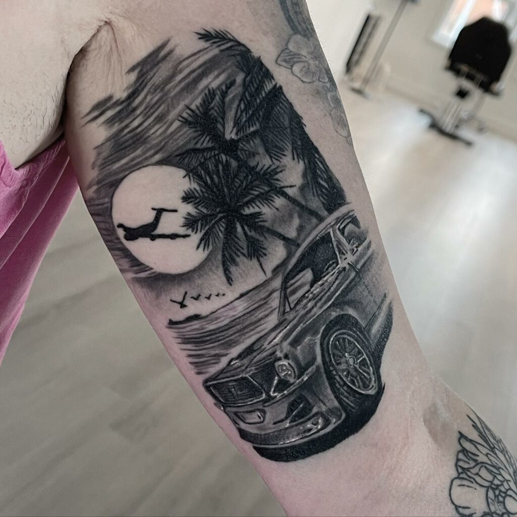 Nature With Cars Arm Black And Grey Tattoo