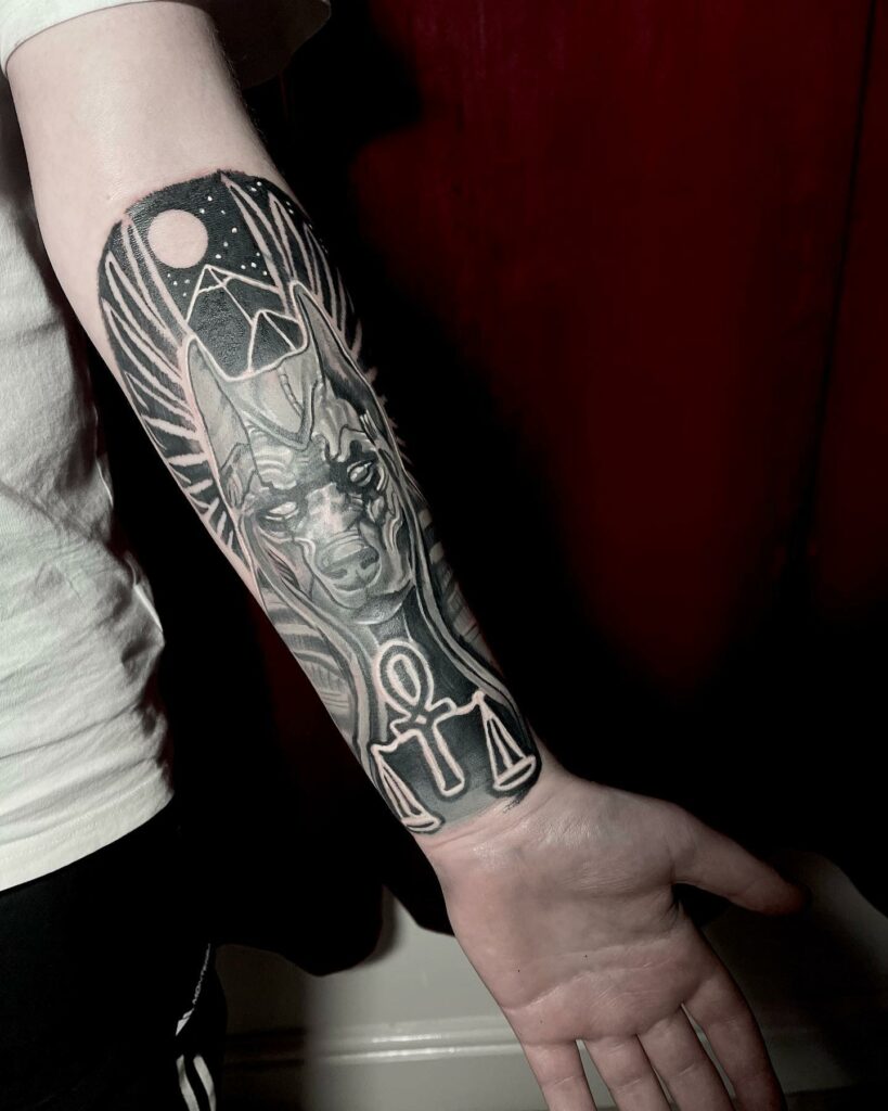 Panther Moon Forearm Black And White Tattoo