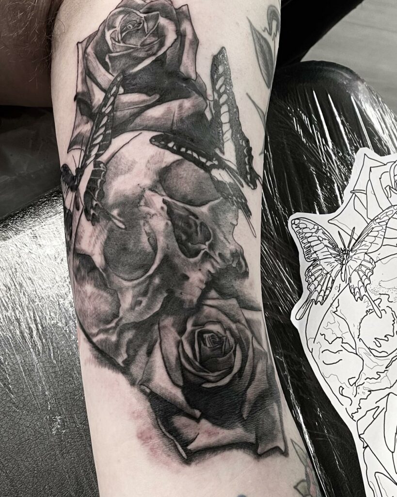 Skull Rose Hand Black And Grey Tattoo