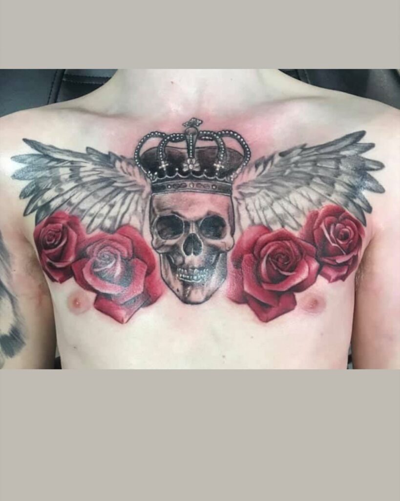 Skull Wings Chest Colour Tattoo