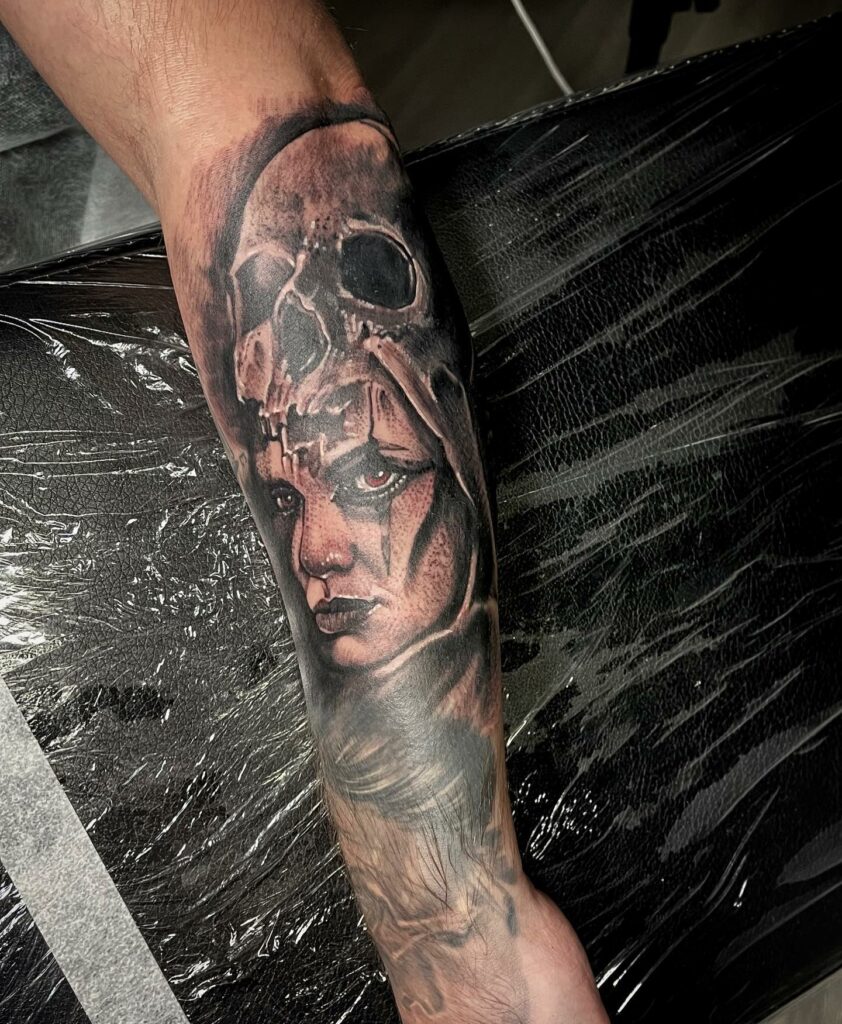 Skull Women Hand Black And Grey Tattoo