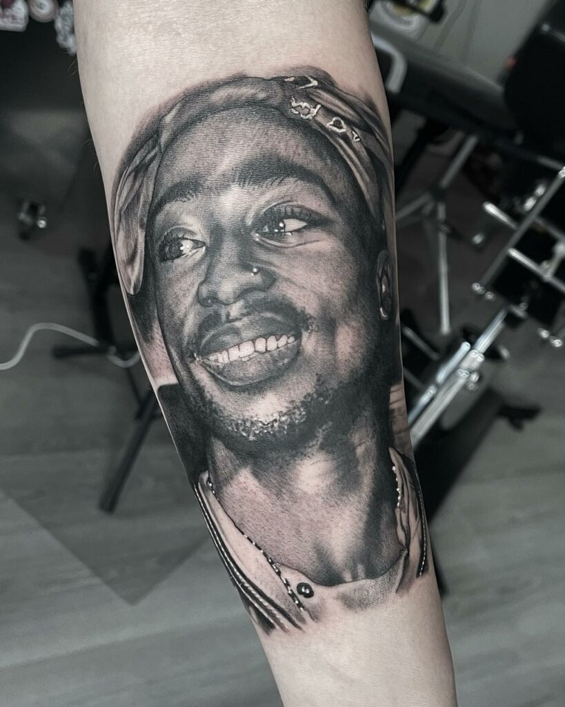 Tupac Forearm Black And White Tattoo
