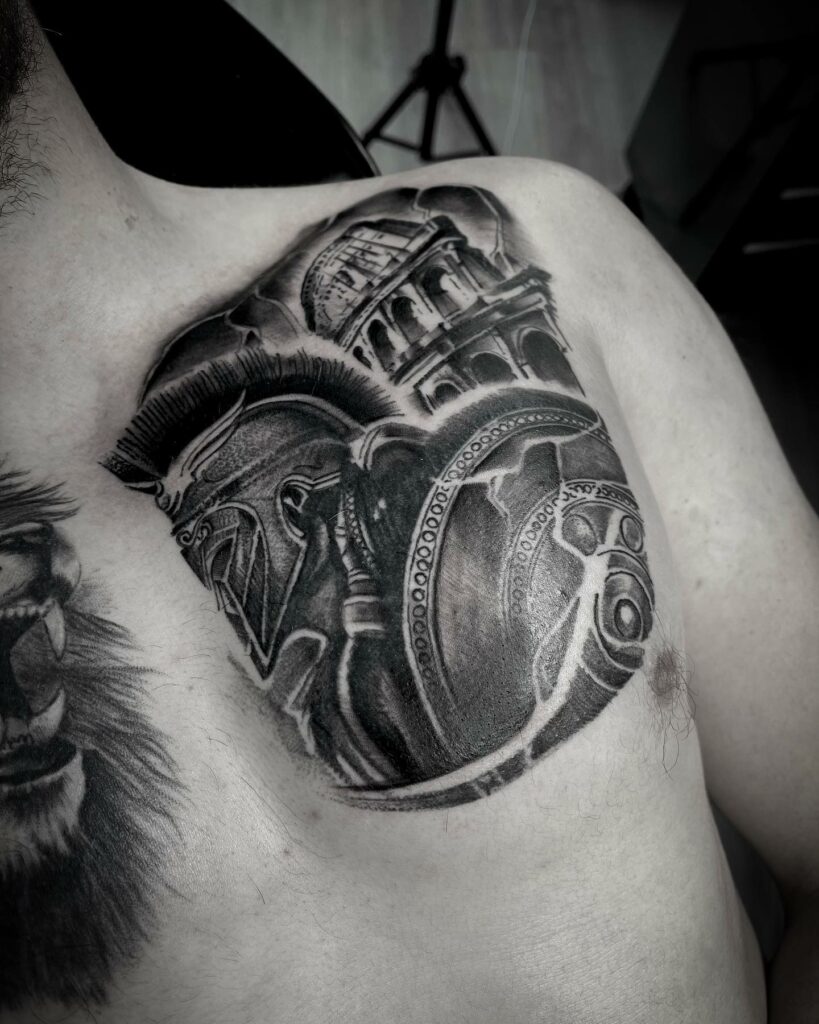 Warrior Faced Black And Grey Tattoo