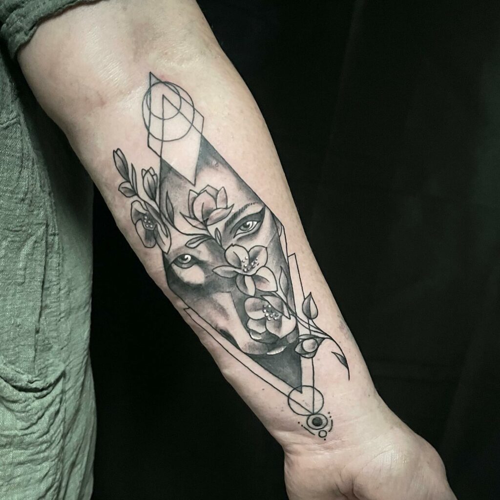 Wolf Flower Eyes Forearm Black And White Tattoo