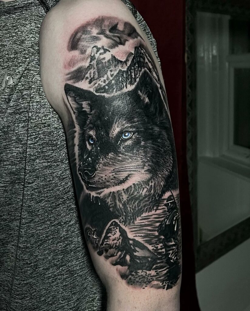 Wolf and Landscape Tattoo Liverpool