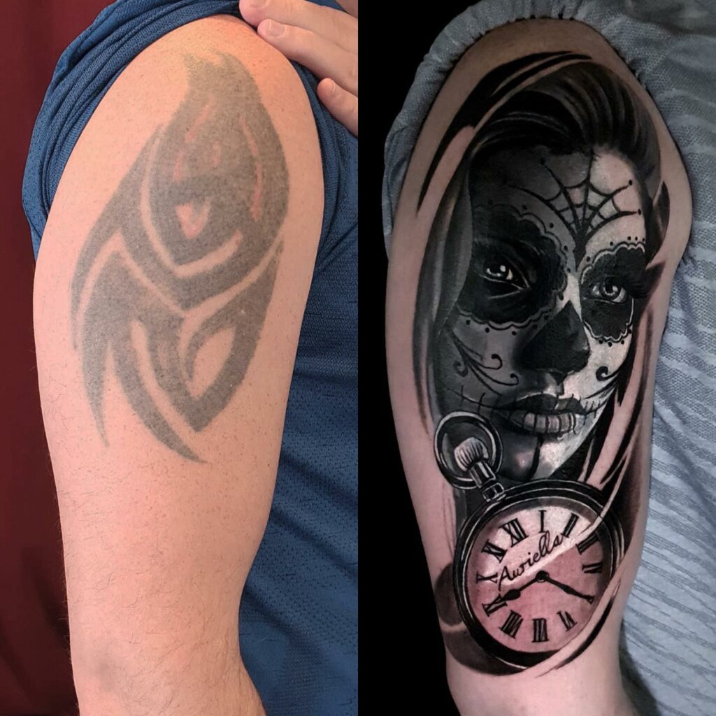 Women Clock Black And White Coverup Tattoo