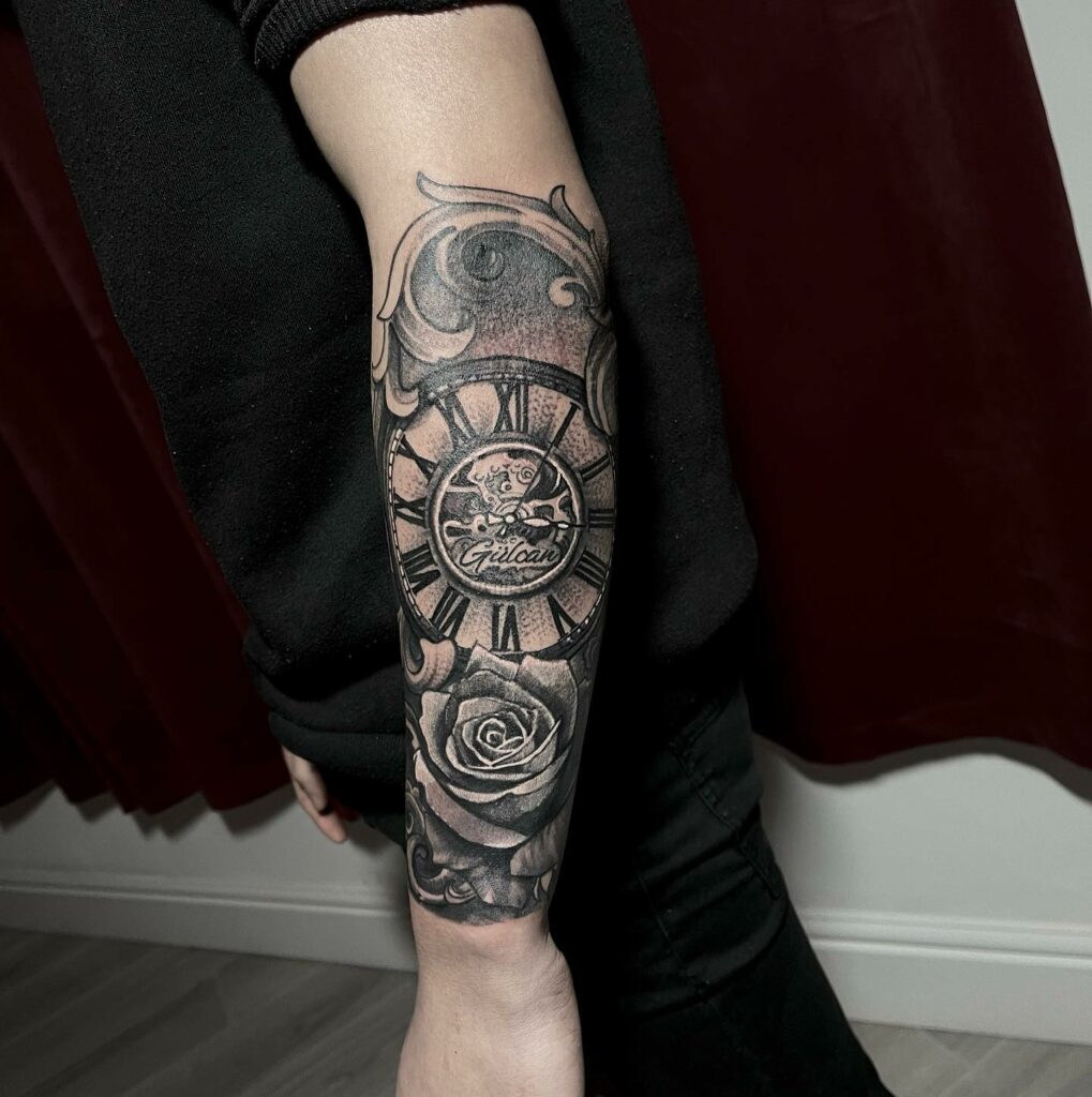 Clock Rose Arm Black And White Tattoo